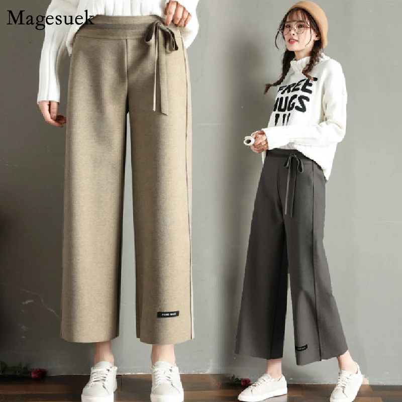 

Autumn New Casual Wool Wide Leg Pants Women Fashion Loose Women Pants High Waist Ankle-length Women Trousers Streetwear 7681