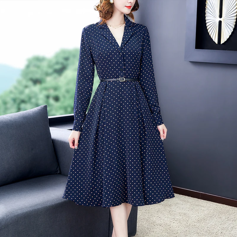 

2021Spring Vintage Dot Print Knitted Cotton Midi Dress Autumn Chic Office Lady Casual Shirt Women Elegant Slim Party Vestidos