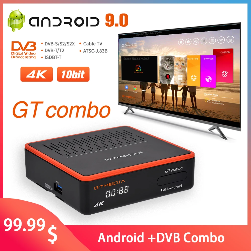 GTMEDIA-Dispositivo de TV inteligente, decodificador con Android 9,0, núcleo 3D, 4K, Ultra 4K, WiFi Dual, 2,4/5 GHz, receptor de satélite DVB-S2X/T2/C, 10Bit, GT Combo