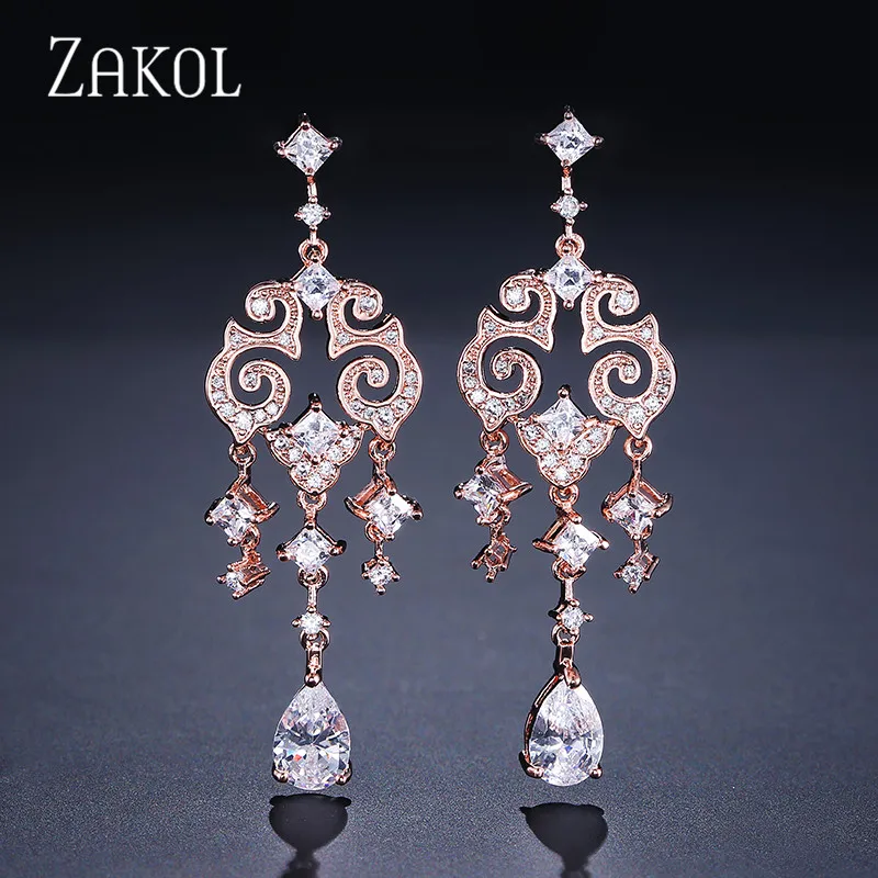 ZAKOL модные изысканные кубические циркониевые серьги в форме люстры длинные