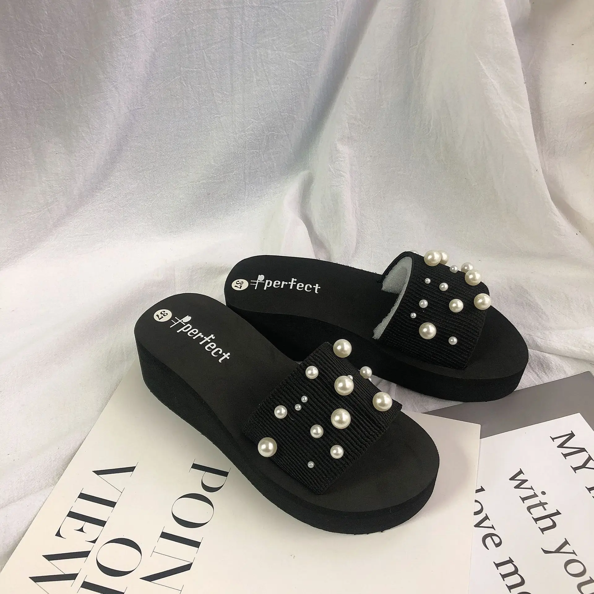 

Platform Wedges Sandals Fashion Female Open Toe Summer Slides Beach Pearl Leisure Slippers For Women High Heel Thick Bottom Shoe