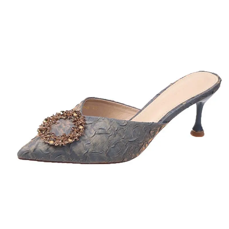 

Shoes Thin Heels Glitter Slides Pointed Toe Heeled Mules Slippers Women Summer Pantofle Fashion Med Jelly High 2021