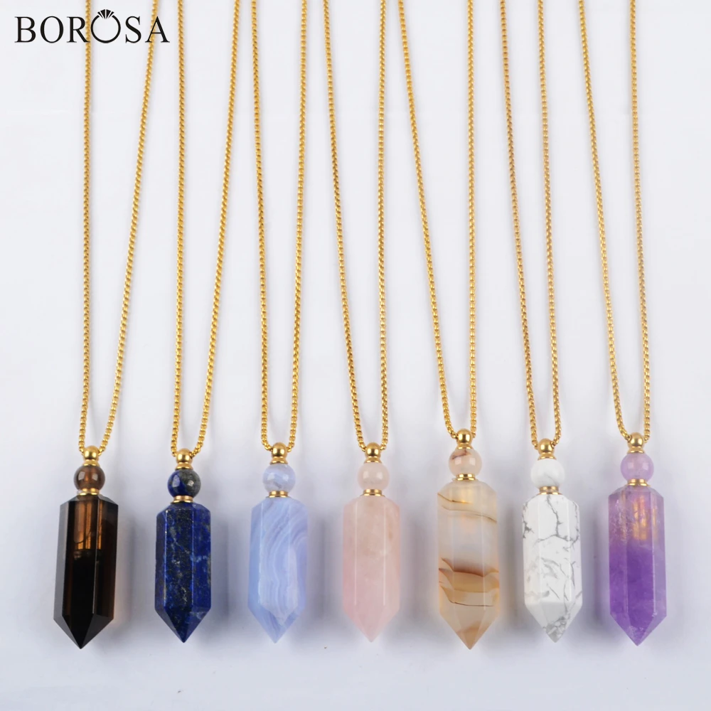 

BOROSA 26inch Perfume Bottle Pendant Necklace Natural Stone Essential Oil Perfume Diffuser Women Necklaces Gold Necklace WX1506