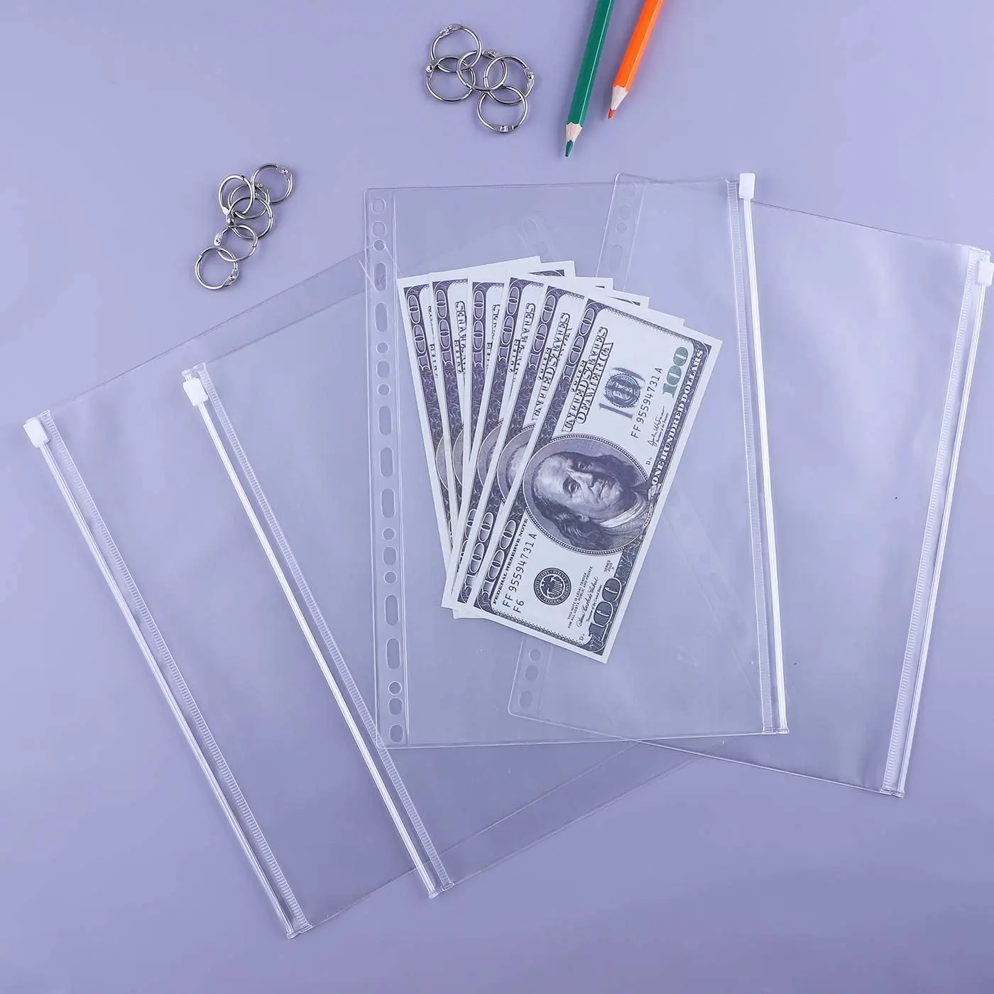 6pcs/set Binder Pocket B5 Size 19 Holes Binder Zipper Folders for Ring Binder, Waterproof PVC Pouch Document Filing Bags images - 6