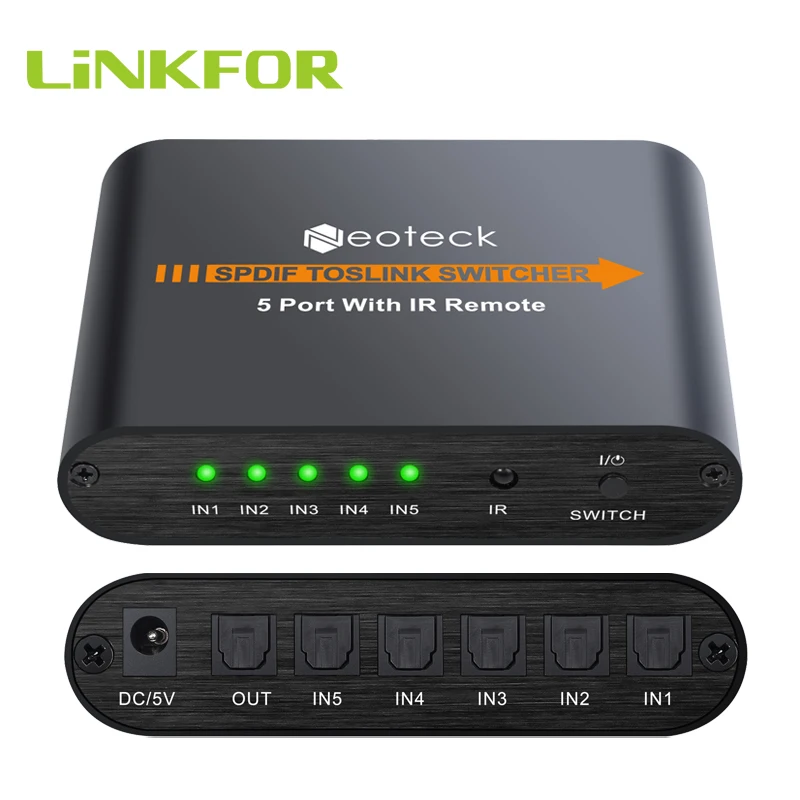 Коммутатор LiNKFOR SPDIF/Toslink 5x1 с ИК цифровым оптическим аудио переключателем пультом
