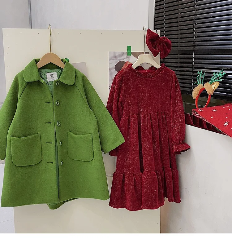 Осенне-зимнее плотное теплое зеленое длинное шерстяное пальто для маленьких