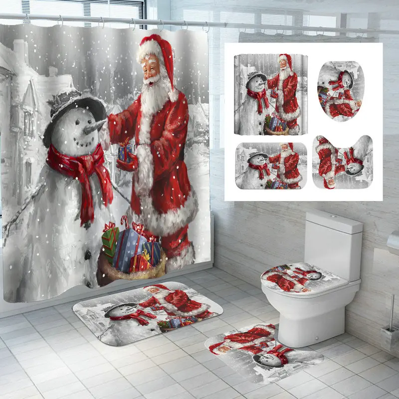 christmas series santa claus golden bell printed waterproof bathroom shower curtain xmas toilet cover soft flannel mat 4pc set free global shipping
