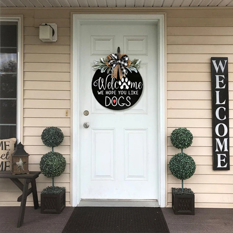 

Welcome Sign Front Door Wreath Decor Hanging Decor With Bowknot Round 16 Inch Home Outdoor Hanging Vertical Sign Decoration
