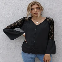 womens fall lace patchwork shirt party clothes v neck loose see through long sleeve blouse casual slim fit tops