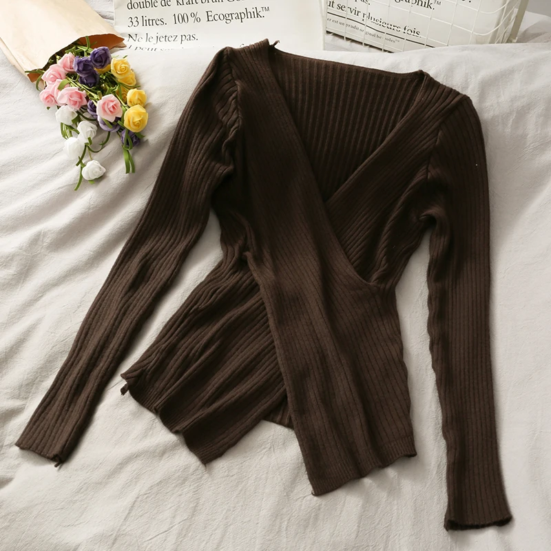 

Women Fashion Slim Bodycon Cross Long Sleeves Knitted Blouse Lady Sweet Casual Outdoor Top Girls Elegant Daily Basic Shirt