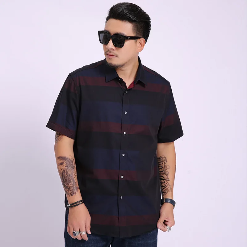 

Large men's Short Sleeve Shirt business casual loose yarn dyed stripe fattening fat man short sleeve shirt