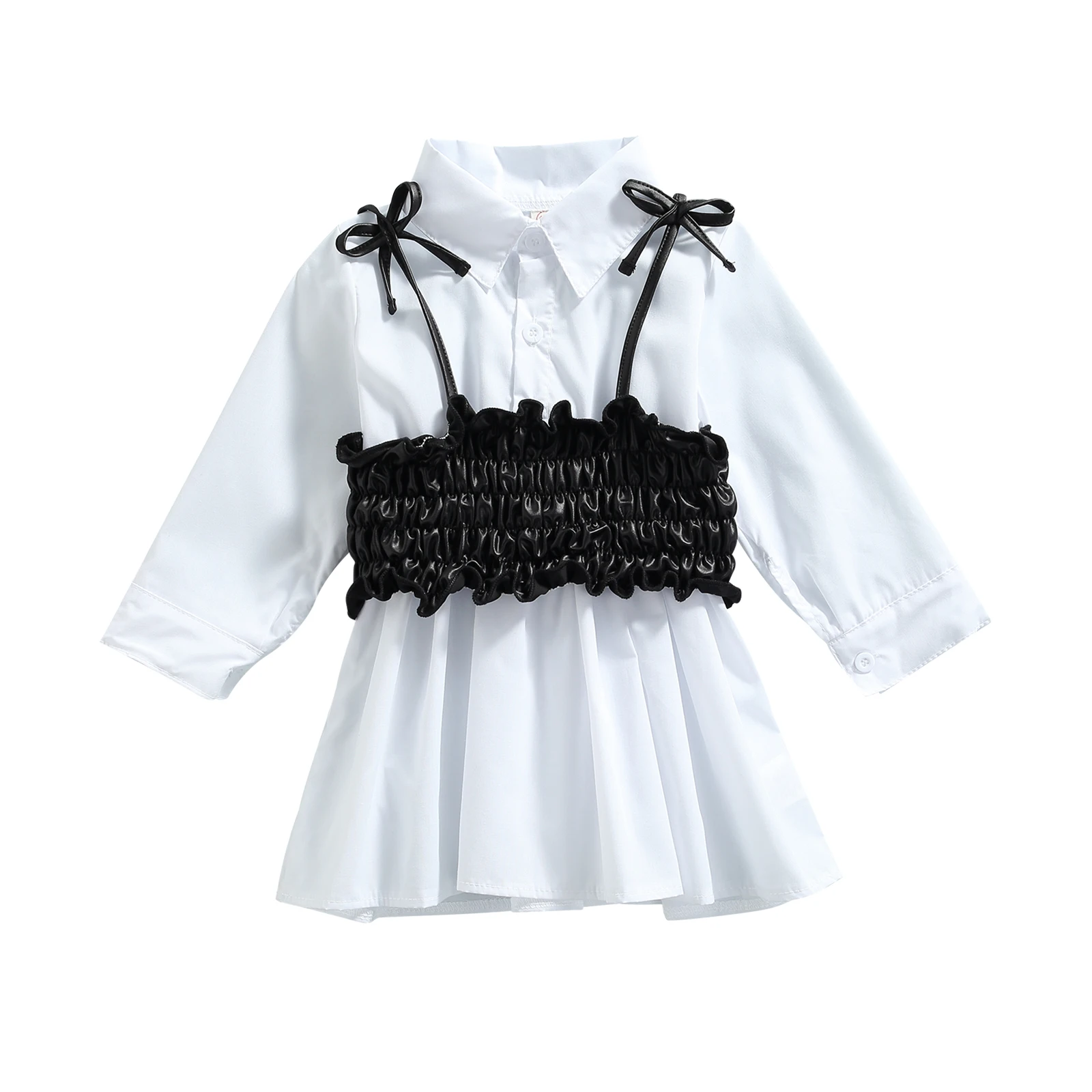 

18M-6T Spring Autumn Kids Baby Girl Shirt Dress+ Elastic Vest 2pcs Fashion Outfits Solid Long Sleeve A-Line Dress+Strapless Tops