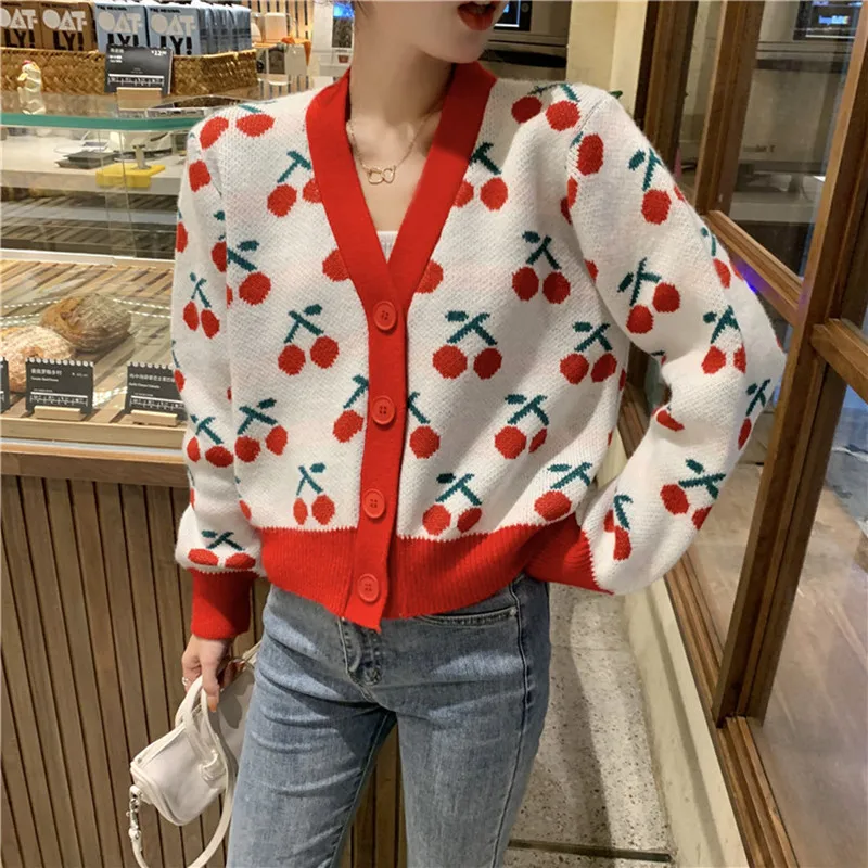 

Korean Sweet Jacquard V-Neck Knitted Jacket Cardigan Loose Sweater Coats Single-breasted Long Sleeve Fashion Casual Outerwear