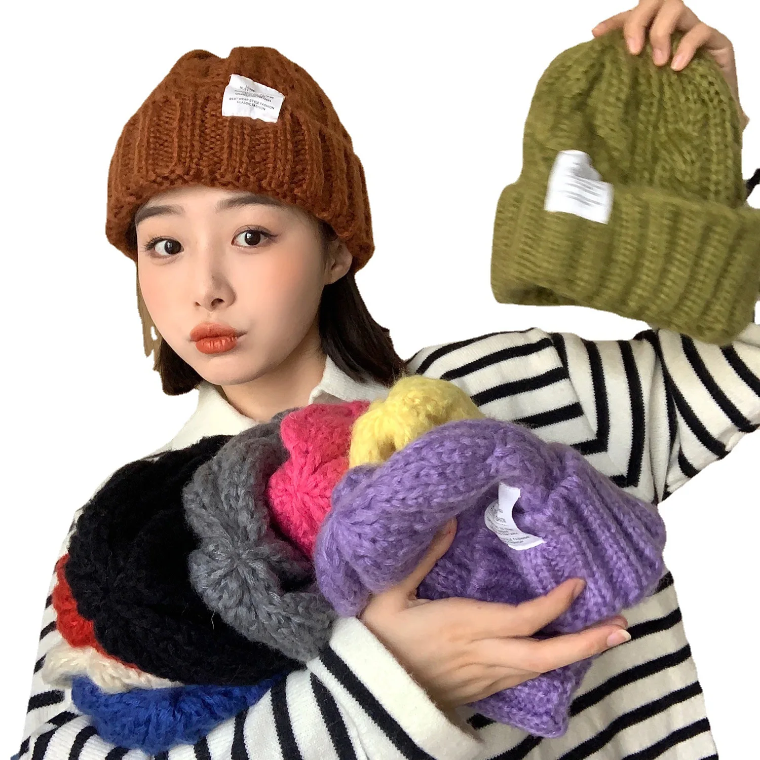 

Woolen hat women's winter thick knit hat autumn and winter students warm earmuffs Baotou cold hat
