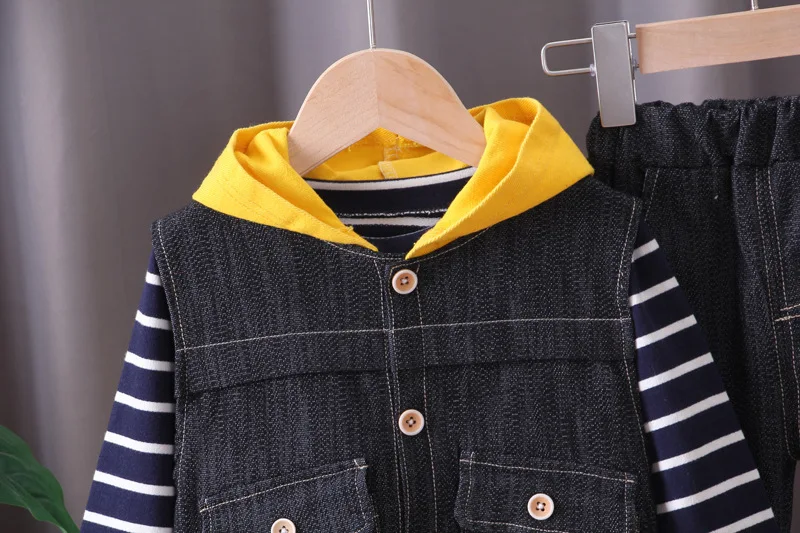 

Baby Boys Girls Autumn Denim hooded jacket WaistCoat + Sweatshirt + Pants 3Pcs Infant Kids Children Sports Suit Toddler Clothes