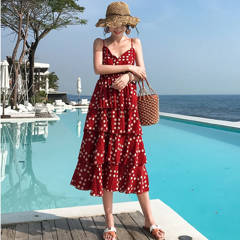 Женский Длинный пляжный сарафан в горошек красное повседневное винтажное платье