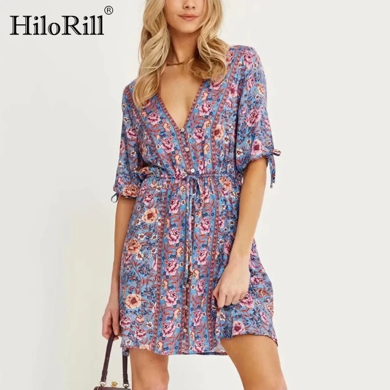 

Платье HiloRill женское с V-образным вырезом, винтажный вечерний мини Сарафан с цветочным принтом, с коротким рукавом и бантом, с эластичным пояс...