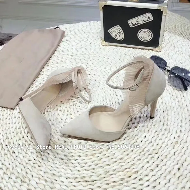 Модные женские босоножки на тонком высоком каблуке с оборками пикантные летние