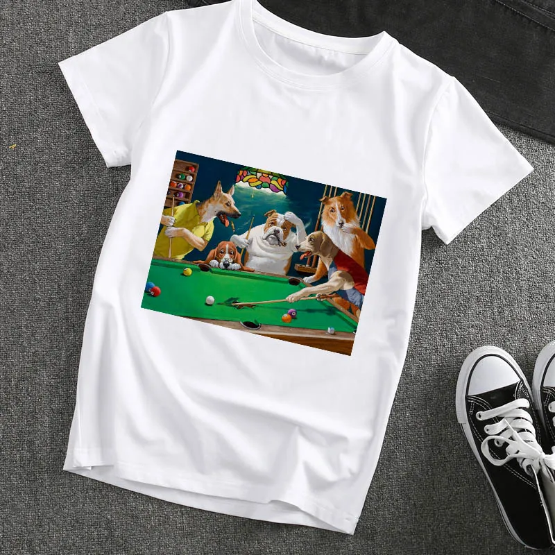 

New Spoof Dogs Play billiards Print T shirt Women Funny graphics Harajuku tshirt Fashion casual T-shirt female clothing Tops Tee