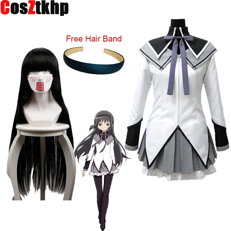 

2021 New Anime Akemi Homura Cosplay Costume Puella Magi Madoka Magica Skirts and Wigs Woman's Stockings Hairpin Accessories WIG