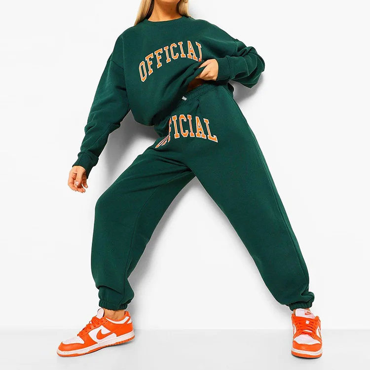 

Autumn Women Letter Printed Two Piece Sets O-neck Pullover Drawstring Pants Suit Ladies Fashion Casual Tracksuit Outfits Green
