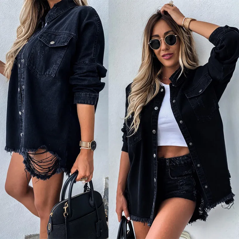 2021 Fall New Black and Blue Long Sleeve Women's Denim Jacket Coat Fashion Casual Ripped Mid-length Loose Jeans Shirt Coat S-XL