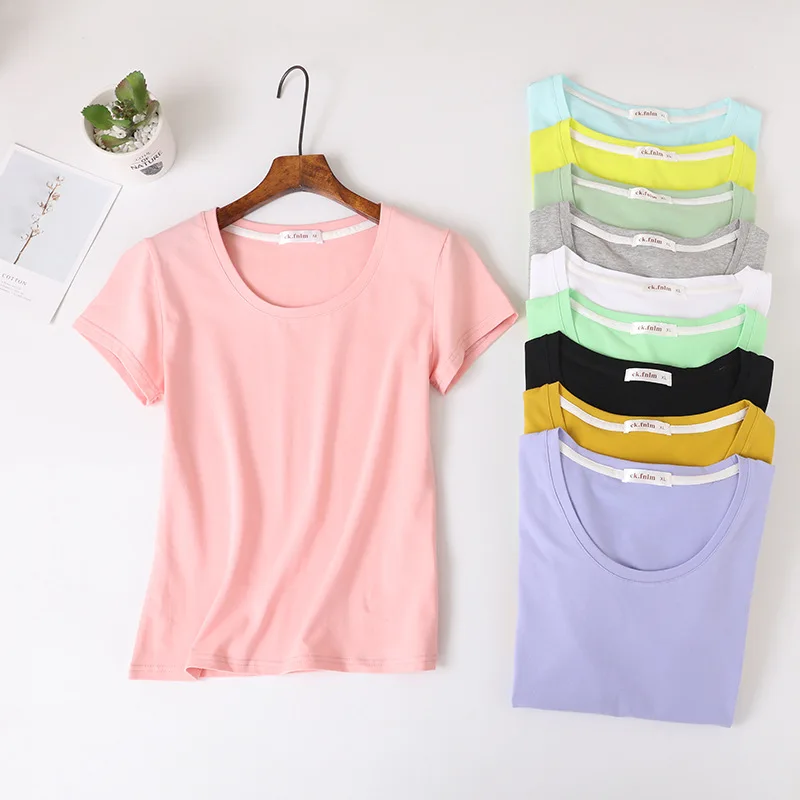 

Summer 2020 New Cotton T-Shirt Women'S Casual Tops Solid Color Round Neck Pullover Bottoming Shirt Short Sleeve Tops Girl Tee
