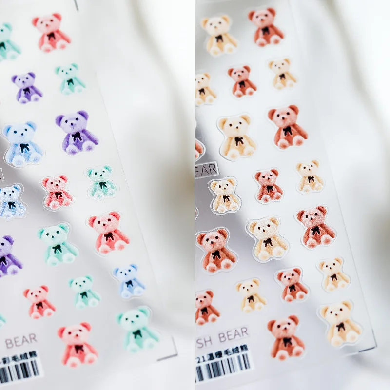 

3D Lovely Plush Bear Design Adhesive Nail Art Stickers 5D Soft Embossed Reliefs Nail Decoration Decals Wholesale Drop Shipping