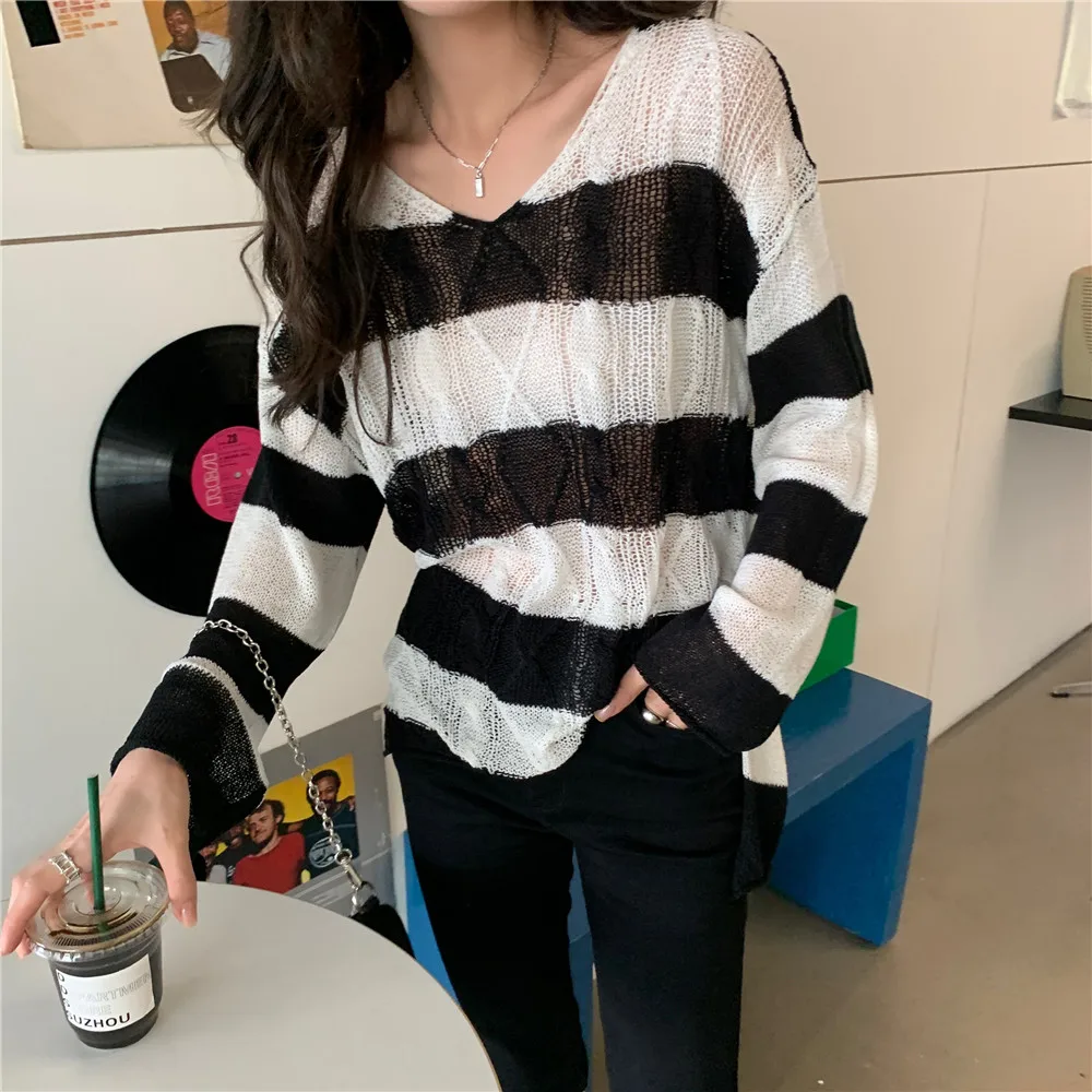 

Korean Autumn Fashion Sweater Long Sleeve Contrast Striped Sweater Loose Outwear Women Knitted Pullover Hollow Out Casual Jumper