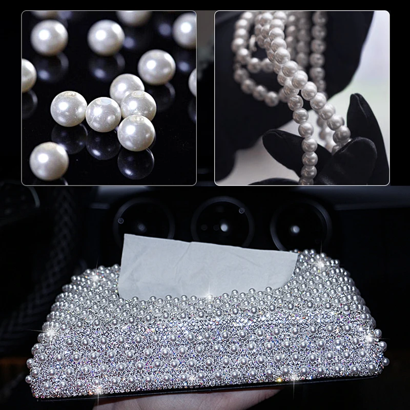 

Crystal Car Tissue Box Rhinestone Pearl Auto Tissue Holder Block-type Tissue Box Car Styling Diamante Pearl Cover Women