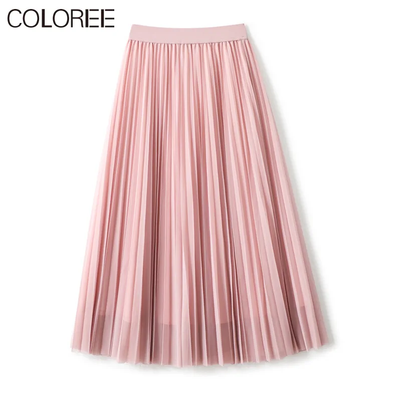 

White/pink/black Mesh Pleated Mid-calf Skirts Womens 2021 Spring Summer Elegant Draped High Waist Skirt