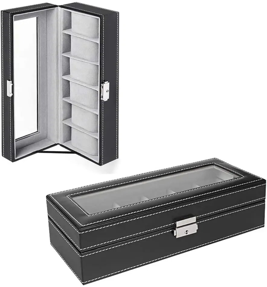 

LUNDA 6 Slot Leather Watch Box Display Case Organizer Glass Jewelry Storage Black