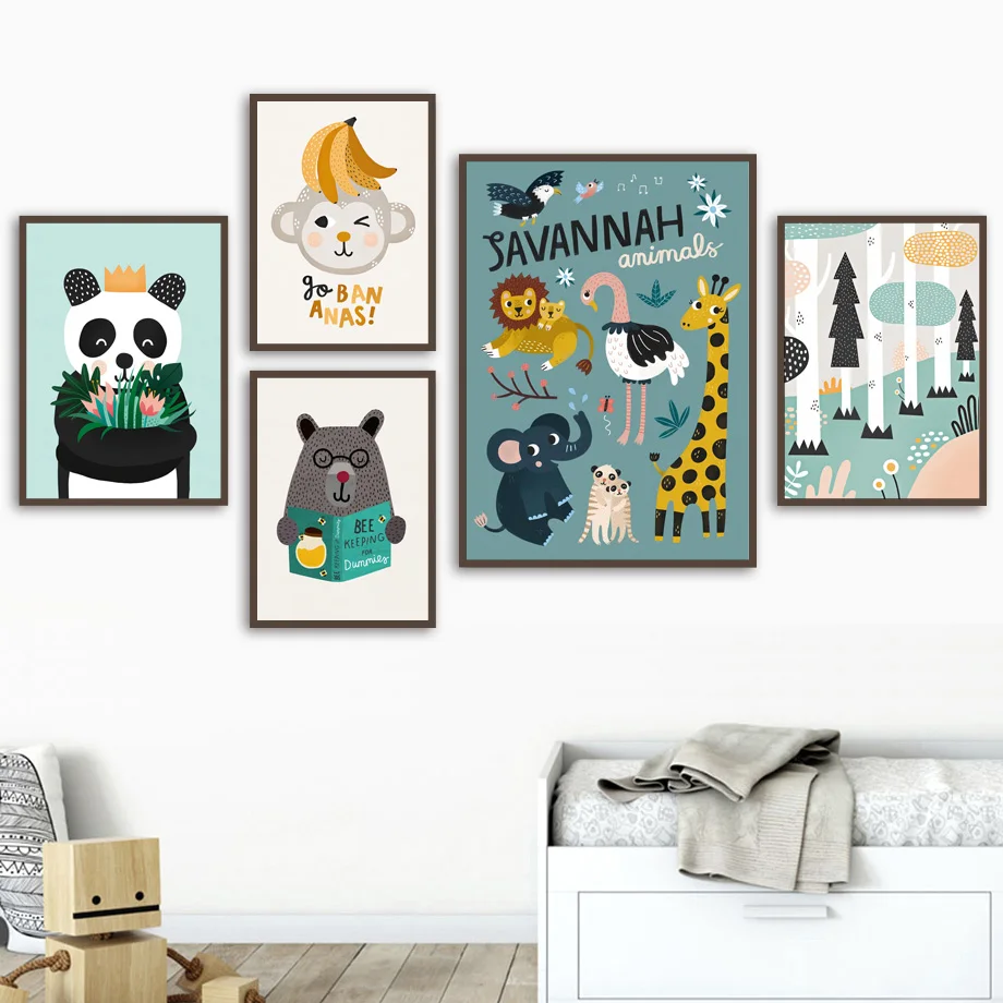 

Cartoon Zoo Panda Bear Monkeys Wall Art Animals Nordic Posters and Prints Wall Pictures Baby Kids Room Decor Canvas Painting