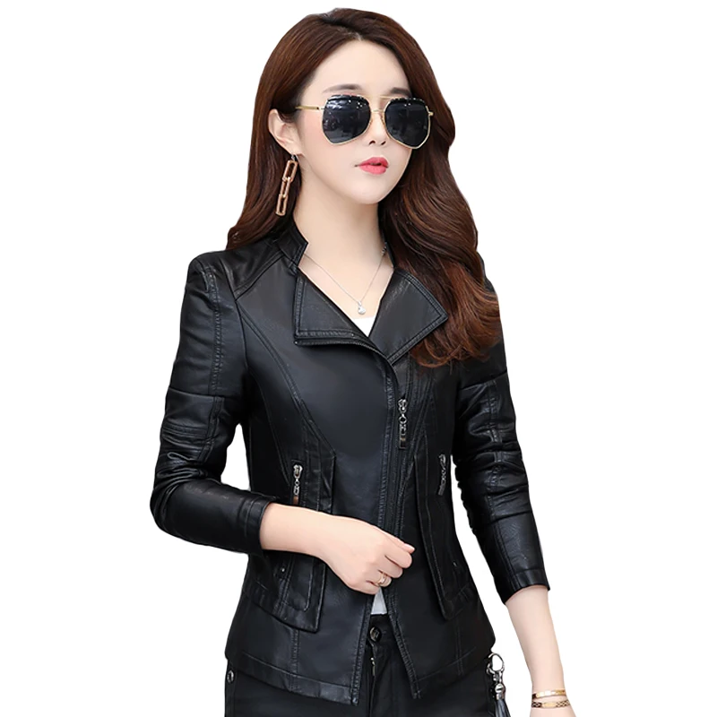 

Spring Autumn Women Faux Leather Jacket Fashion Motorcycle Coat Zippers Long Sleeve Short Slim PU Leather Jackets