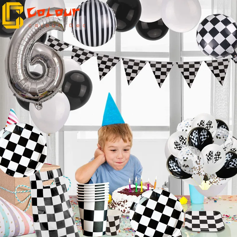 Race Car Birthday Party Supplies Black White Checkered Decorations Including Banner Pennant Balloons Tablecloth Gift Bags | Дом и сад