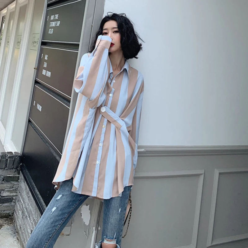GALCAUR Korean Striped Hit Color Women's Shirt Lapel Collar Long Sleeve Large Size Loose Female Blouses 2020 Autumn Fashion New |