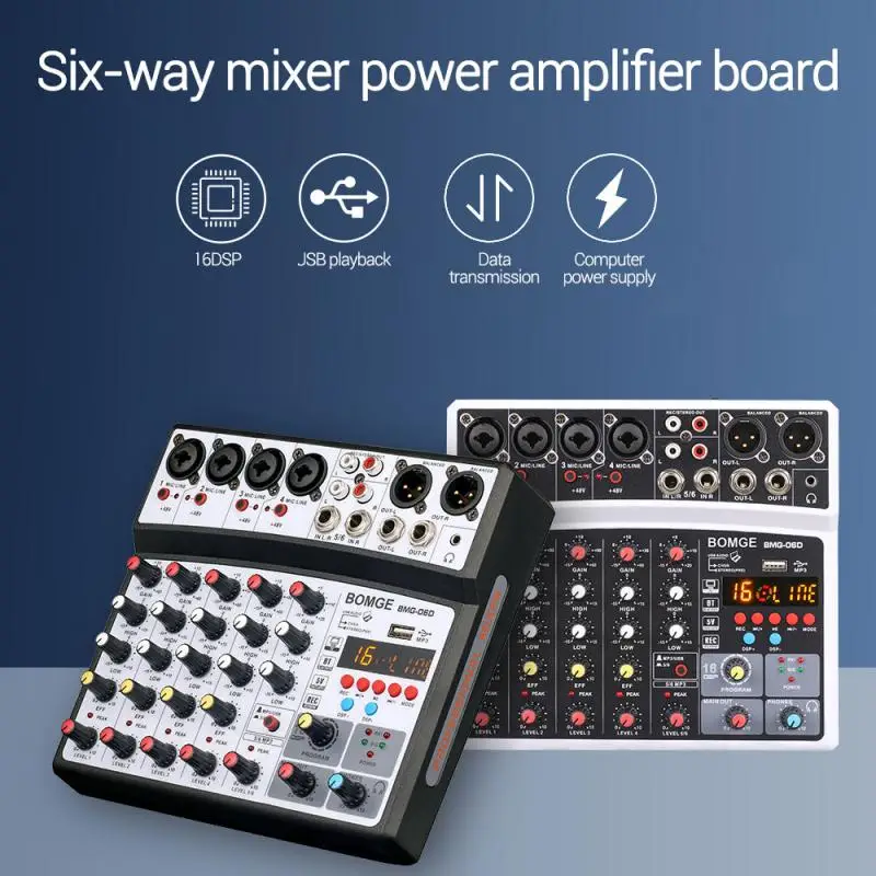 

Upgraded version 6 Channels Audio Sound Mixer Mixing DJ Console USB with 48V Phantom Power 16 DSP Effects