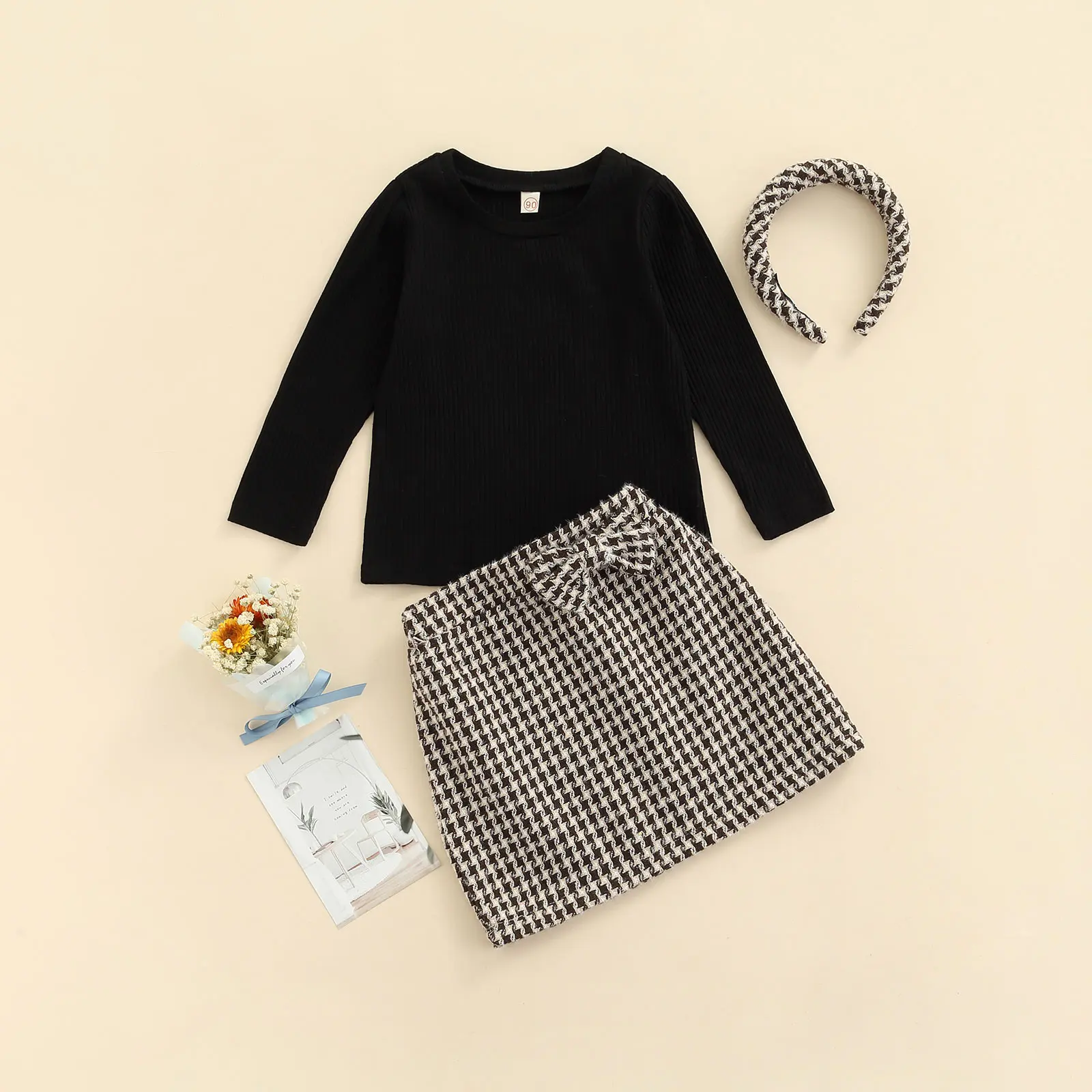 

Осенний комплект из 3 предметов для маленьких девочек, рубашка, платье в клетку, повязка на голову, комплекты одежды для детей, топы с длинным...