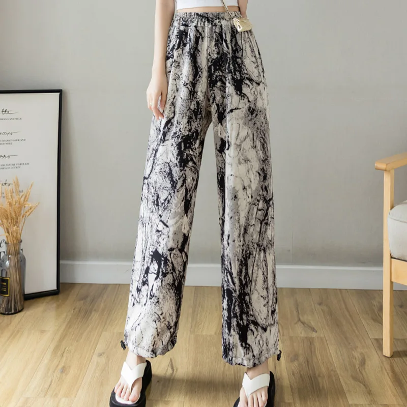 

Korean Tie Feet Chiffon Pants Women 2021 Summer Leaves Leopard Ink Print Ice Silk Casual Harem Trousers Women Wide Leg Pants
