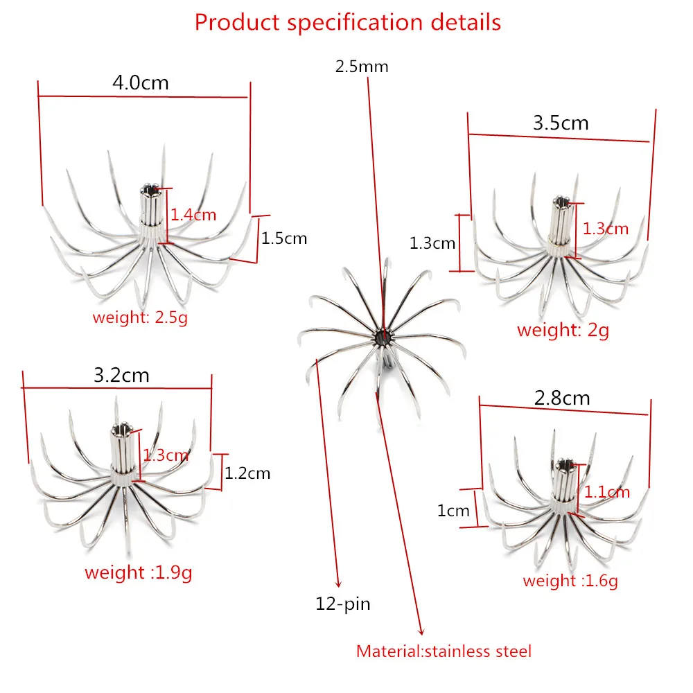 10PCS 12 Needle Stainless Steel Squid Umbrella Hook Lifelike Squid Beating Ocean Barbed Umbrella Fishing Hook Fishing Tackle