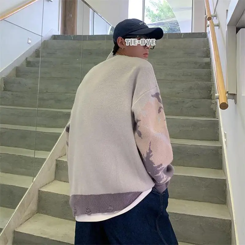 

New Sweater Men Streetwear Mountain Tree Pattern Hip Hop Autumn New Pullover Spandex O-neck Oversize Couple Casual Men's Sweater