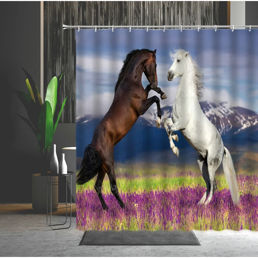 

Running Horse Shower Curtain Grassland Animal Bathroom Accessories Set Wall Hanging Curtains Waterproof Bathtub Screen Decor