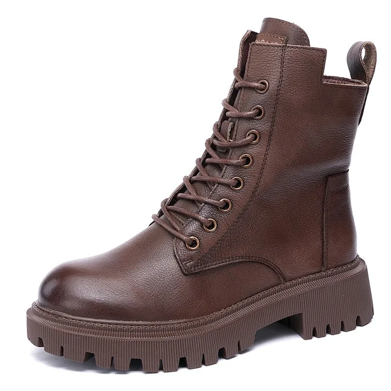 

YourSeason Winter Ladies Genuine Leather Zip Shoes Lace-Up Sewing Concise Fashion Platform Women Boots Round Toe