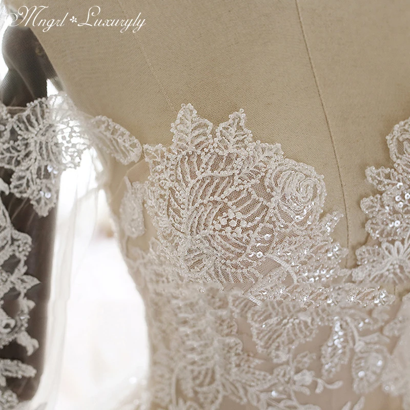 

Luxury Wedding Dresses Long Sleeve Tube Top Lace Applique Glamorous Gowns Embroidery Hand Beaded vestido de noiva Court Train