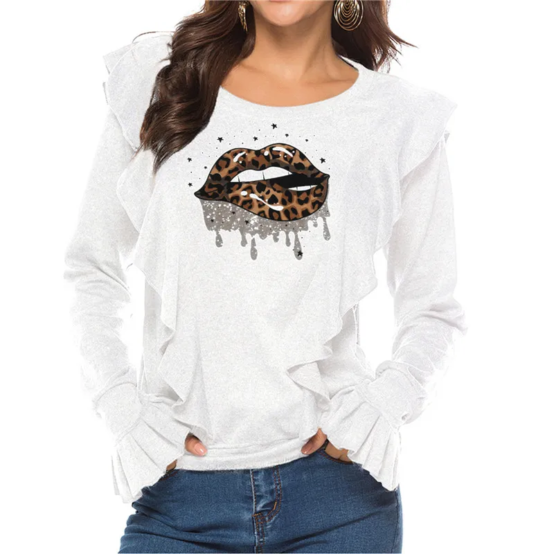 

Women Lip Print T-shirts Lady Fashion Long Sleeve Clothes Autumn Spring O Neck Harajuku T Shirt Top Tee Female Loose Tee Shirts