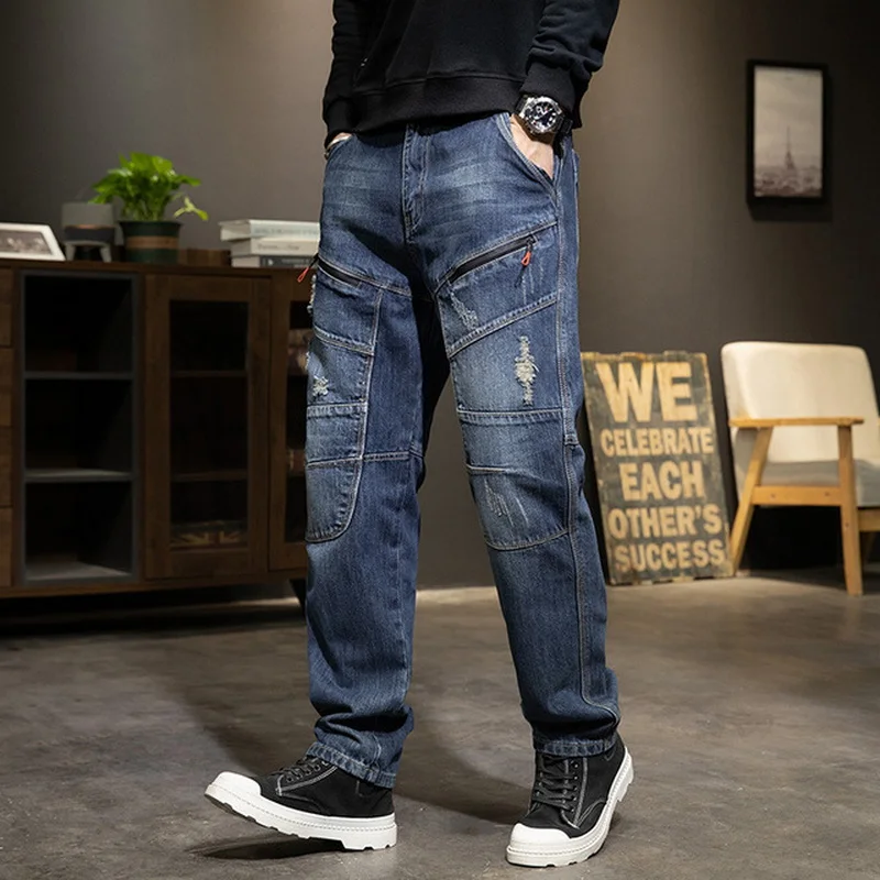 Men Jeans Straight Slim Trendy Personality Stitching Diagonal Pockets  Baggy Denim Pants