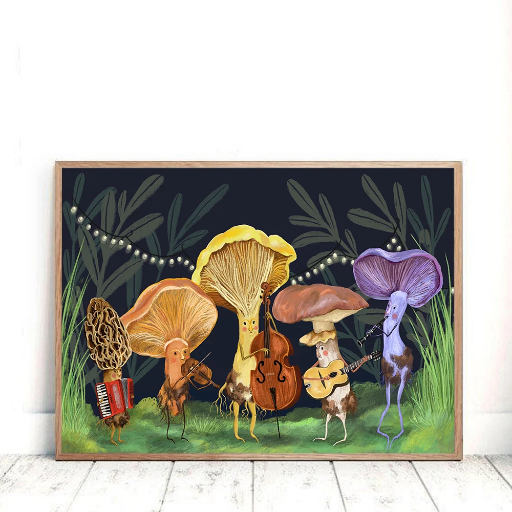 

Funny Mushroom Band Vintage Music Art Prints and Posters Mushroom Wall Art Woodland Decor Antique Forest Canvas Print Painting