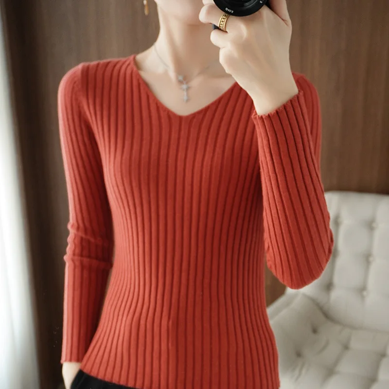 

Autumn and winter V-neck sweater women loose pullover solid color drawstring sweater bottoming shirt long sleeves