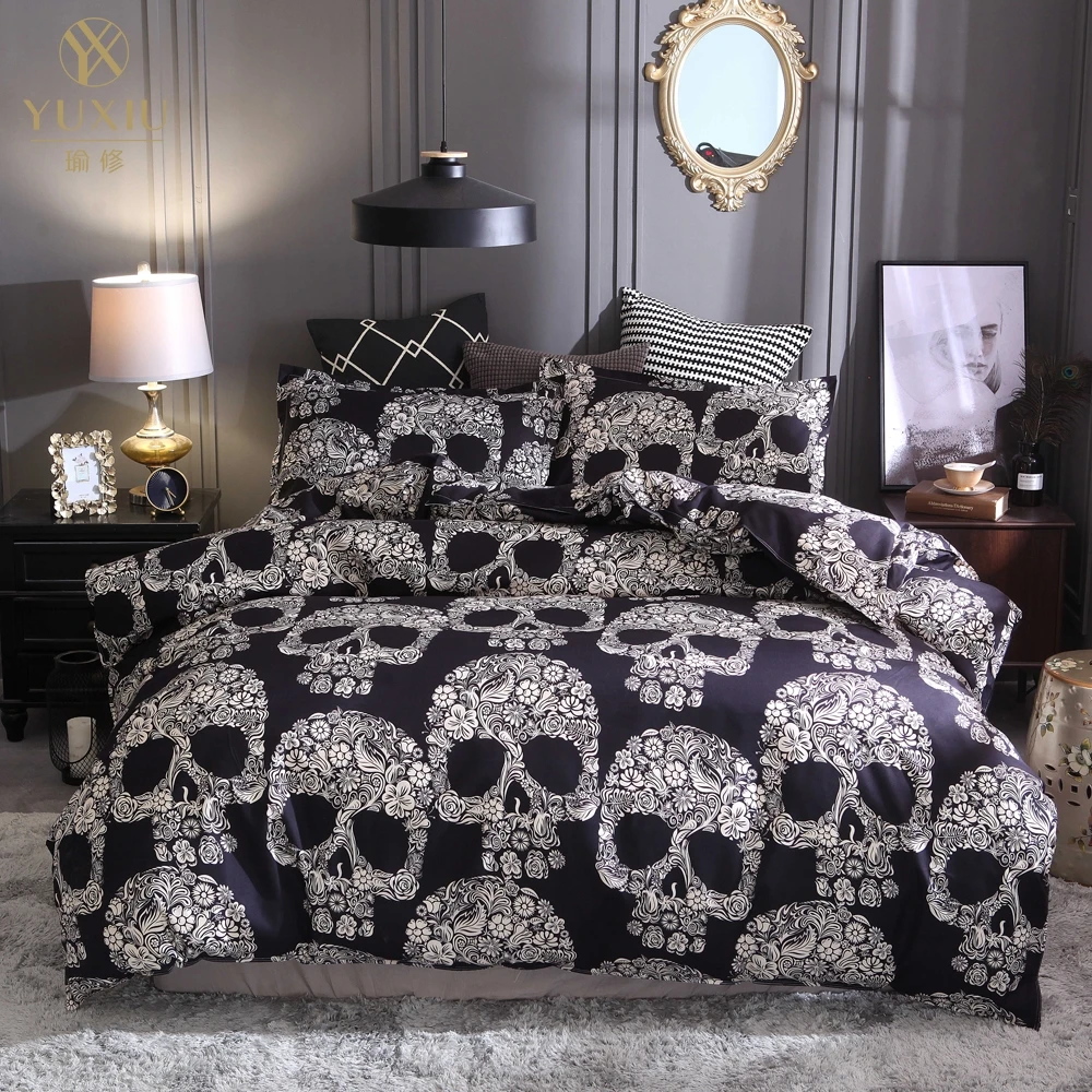 

YuXiu Bedding Sets 3D Gold Skull Black Duvet Covers 3Pcs Set Black Bed Linen Quilt Cover King Queen Full Twin Double Single