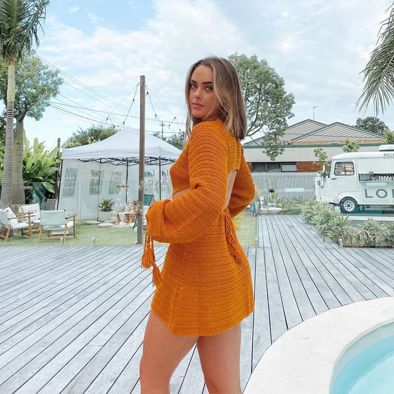 

Lyprerazy Women V-neck Hollow Out Sexy Dress Night Club Party Mini Dresses Backless Long Sleeve A-line Dress Vestido